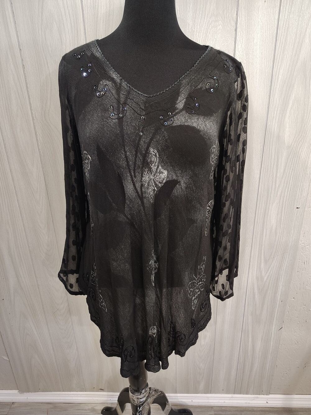Greater Good Tunic Top Size S / M Black Butterflies Semi Sheer Asymmetric Whimsy